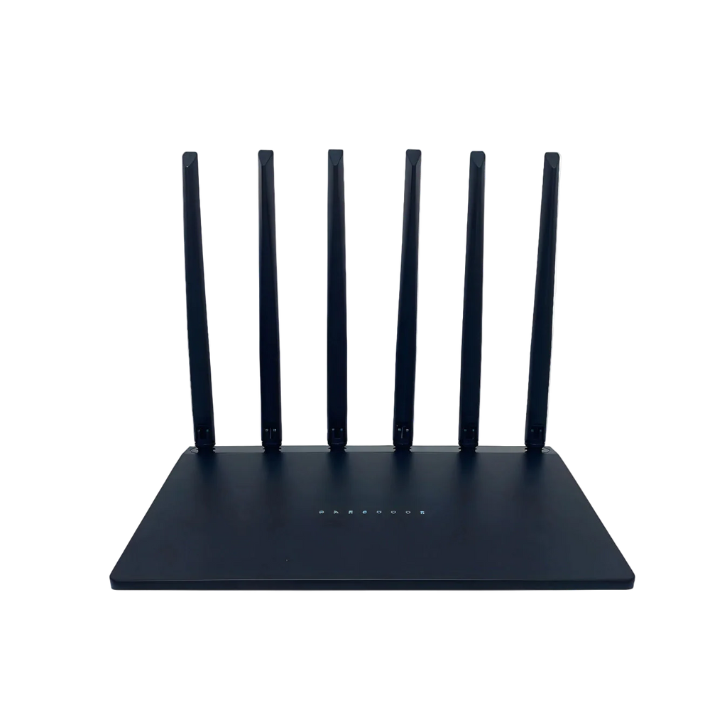 Schwarzer Norwiss WLAN Router mit mehreren Antennen auf weißem Hintergrund