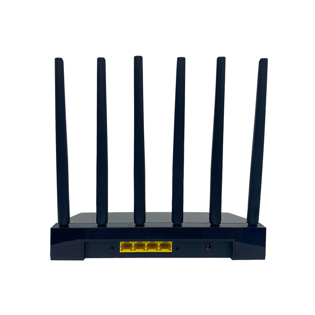 Schwarzer Norwiss WLAN Router mit mehreren Antennen auf weißem Hintergrund