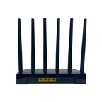 Schwarzer Norwiss WLAN Router mit mehreren Antennen auf weißem Hintergrund