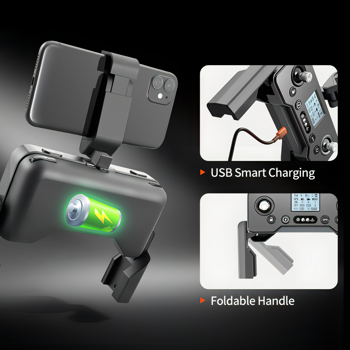 Skynovox Air+ Pro Max Fernsteuerung mit USB-Smart-Ladung und klappbarem Griff vor dunklem Hintergrund