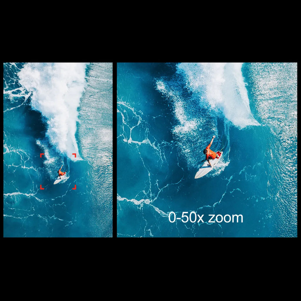 Skynovox Air+ 50-fach Zoom — zwei Ansichten von Surfern im Ozean mit Zoomstufenanzeige