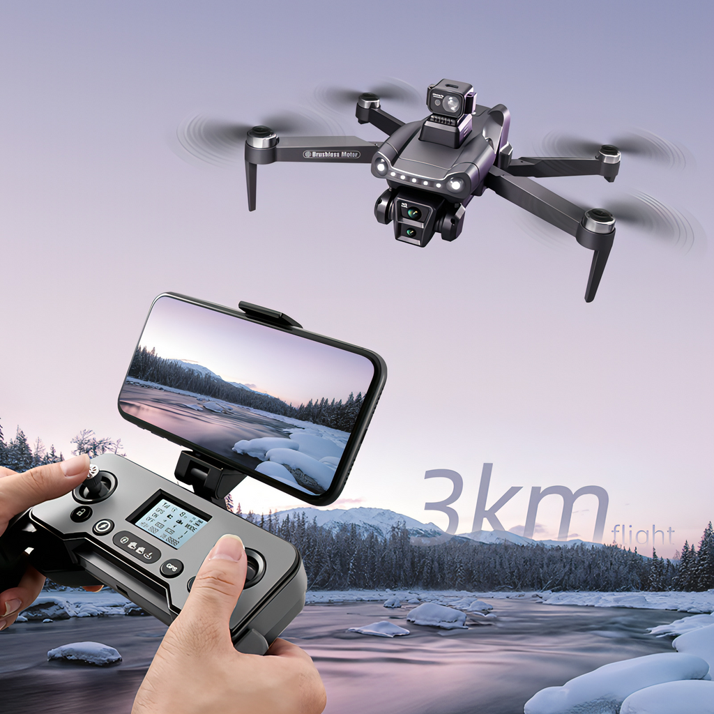 Skynovox Air+ fliegt über verschneite Landschaft — Person hält Fernsteuerung und Smartphone mit Live-Ansicht