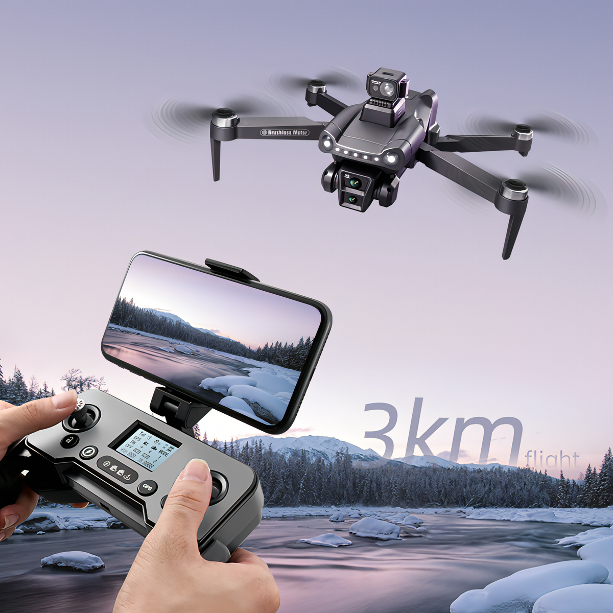Skynovox Air+ fliegt über verschneite Landschaft — Person hält Fernsteuerung und Smartphone mit Live-Ansicht
