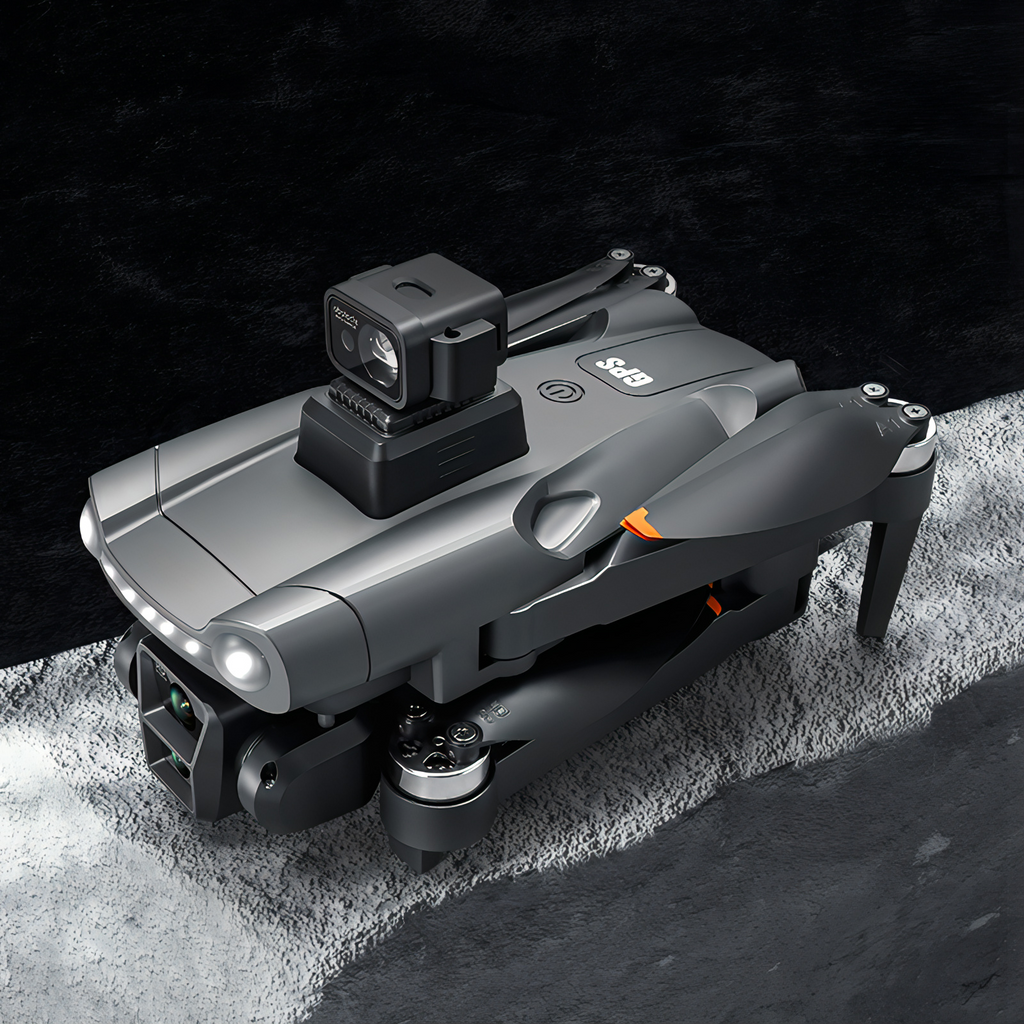 Skynovox Air+ Drohne mit Kamera-Detailansicht auf strukturierter Oberfläche — Nahaufnahme