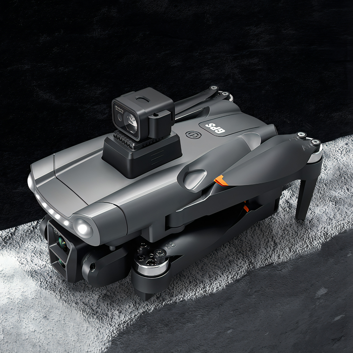 Skynovox Air+ Drohne mit Kamera-Detailansicht auf strukturierter Oberfläche — Nahaufnahme