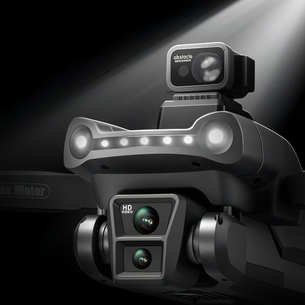 Skynovox Air+ Drohne mit LED-Lichtern vor dunklem Hintergrund — Positionslichter sichtbar
