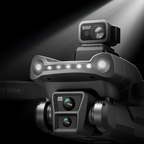 Skynovox Air+ Drohne mit LED-Lichtern vor dunklem Hintergrund — Positionslichter sichtbar