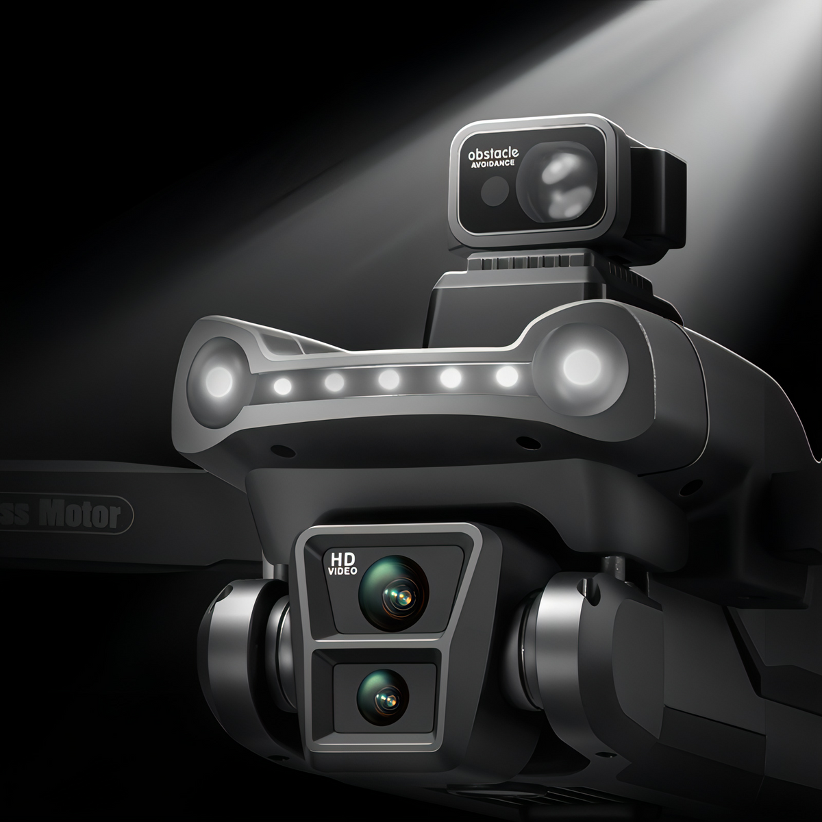Skynovox Air+ Drohne mit LED-Lichtern vor dunklem Hintergrund — Positionslichter sichtbar