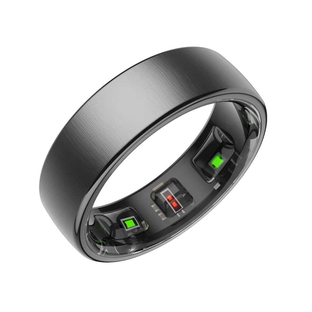Schwarzer SofiRing S10 mit elektronischen Komponenten auf weißem Hintergrund