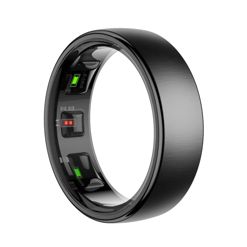Schwarzer SofiRing S10 mit elektronischen Komponenten auf weißem Hintergrund
