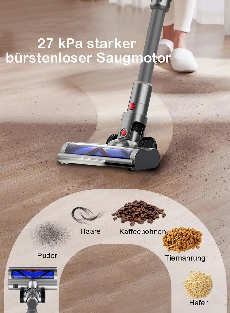 StarPod Staubsauger mit leistungsstarkem bürstenlosem Motor auf Holzboden, reinigt Staub, Haare und Schmutz
