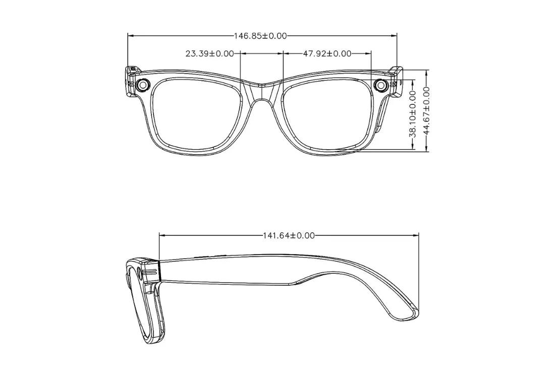 Technische Zeichnung eines Paars Norwiss Smart Glasses mit Maßen auf weißem Hintergrund