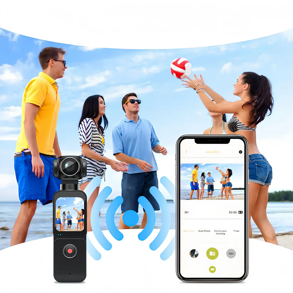 Smartphone mit App-Oberfläche, die eine Strandszene mit Volleyball spielenden Personen zeigt, und eine Norwiss Vlog Kamera links daneben