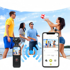 Smartphone mit App-Oberfläche, die eine Strandszene mit Volleyball spielenden Personen zeigt, und eine Norwiss Vlog Kamera links daneben