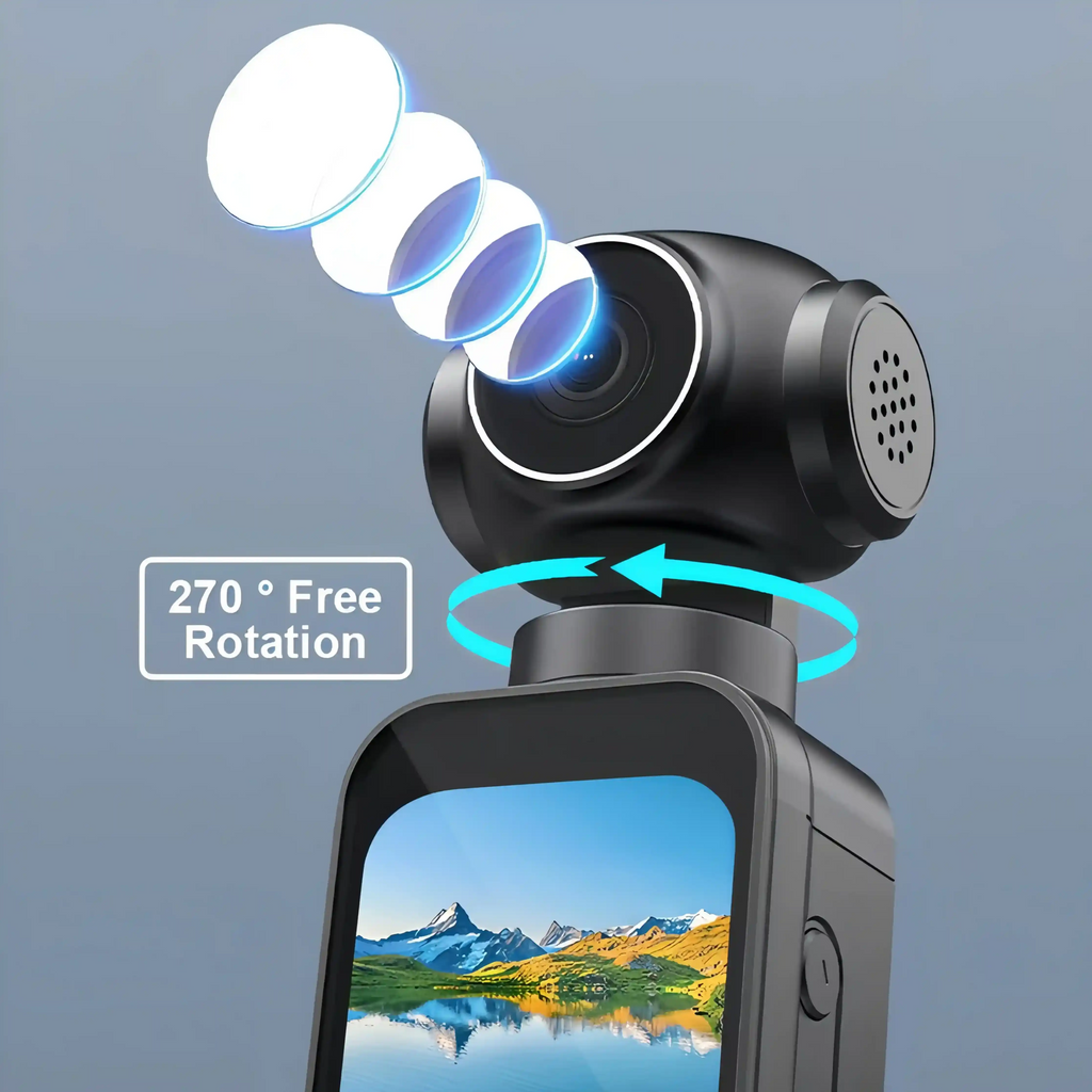 VAKODA Pocket 3 Vlog-Kamera mit 270-Grad-Freidrehfunktion vor grauem Hintergrund