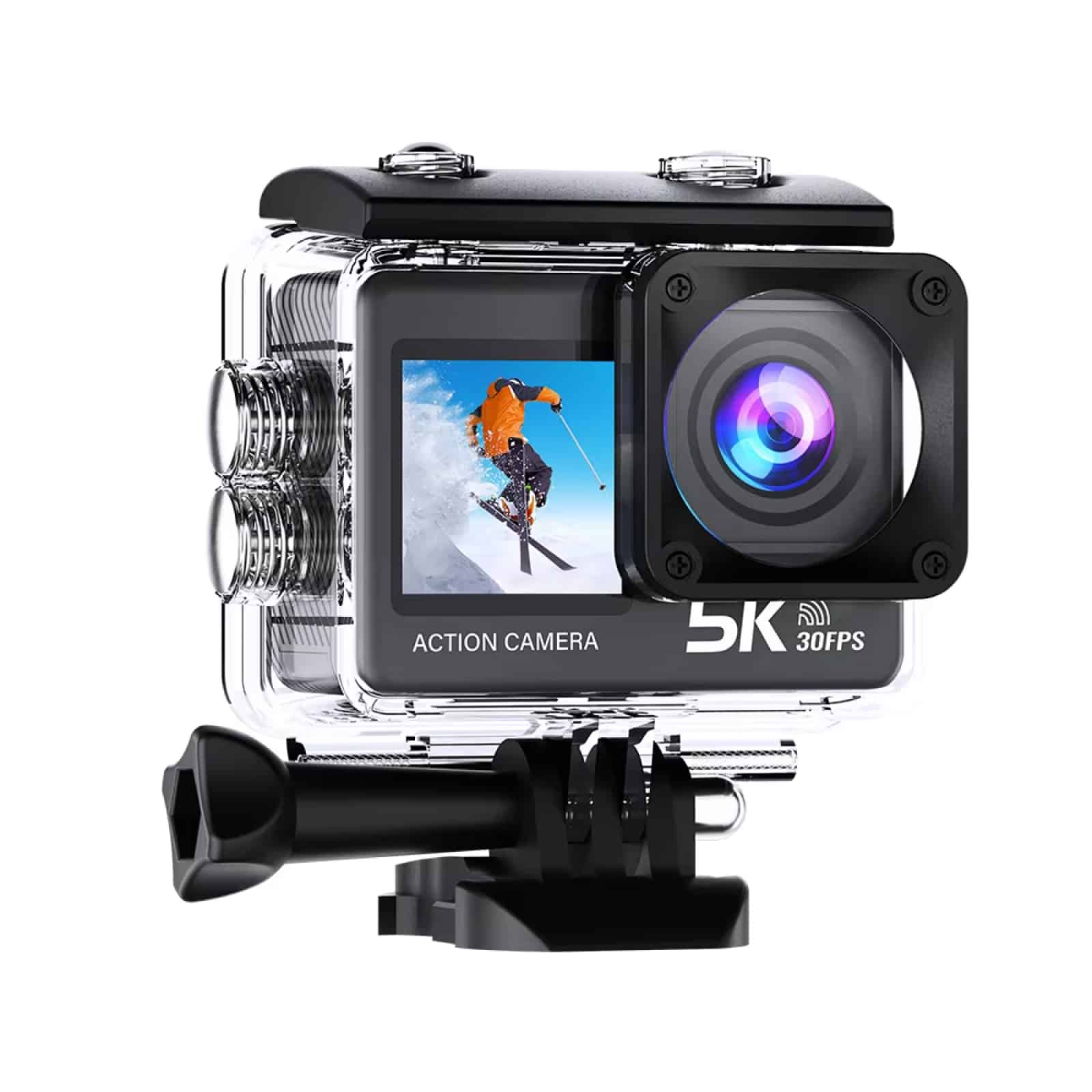 ZinoxCam Action Kamera mit Display, das einen Skifahrer zeigt, auf weißem Hintergrund