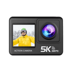ZinoxCam Action Kamera mit 5K- und 30FPS-Anzeige auf grünem Hintergrund