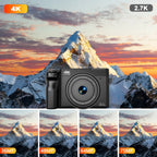 Zoomix Digitalkamera mit Berglandschaft und Anzeige verschiedener Auflösungsoptionen