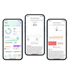 Drei Smartphone-Bildschirme mit Gesundheits-Apps und verschiedenen Messwerten